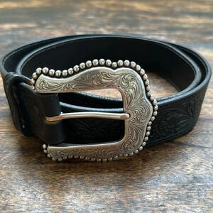 Tony Lama black embossed leather belt with a western silver buckle NWOT